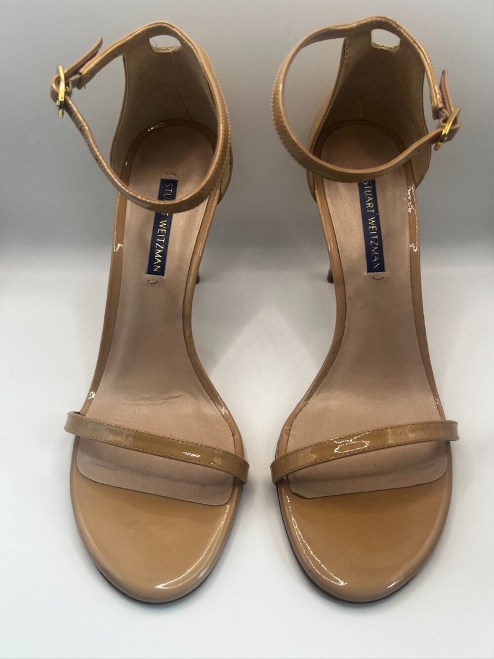 Stuart Weitzman Nude Patent Leather Ankle Strap Stiletto Sandals – Size 38